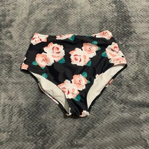 High waisted floral swim bottoms full coverage black with pink flowers